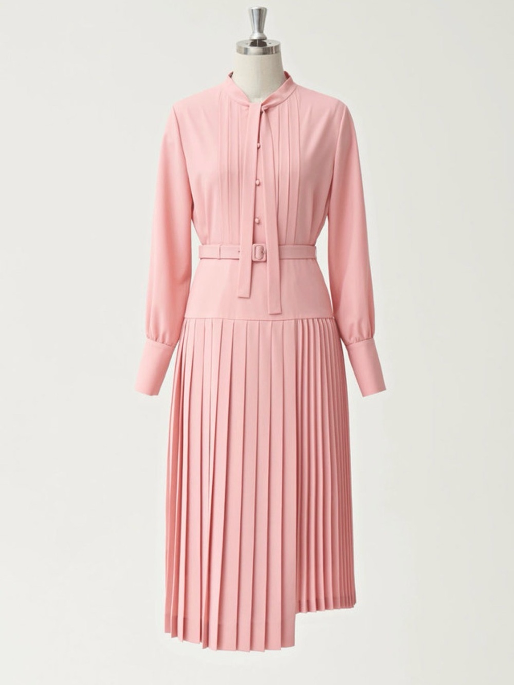 Korean Brand Pleated Belted Long-Sleeve Pink Midi Dress S